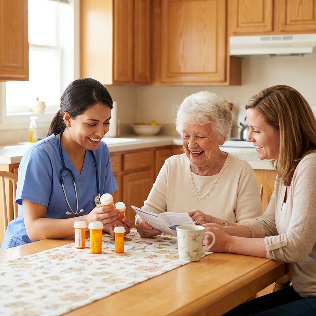 Nurse reviewing medications with a patient and her daughter