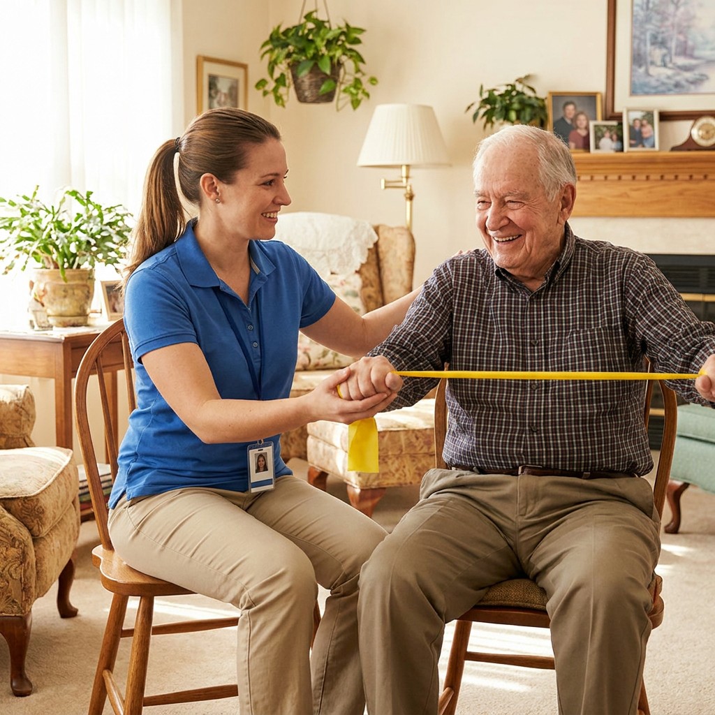 Physical therapist guiding a patient through a resistance-band exercise